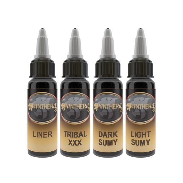 Set PANTHERA Liner Ink + Tribal XXX + Dark Sumy + Light Sumy - 4 × 30 ml - Colori Tattoo REACH